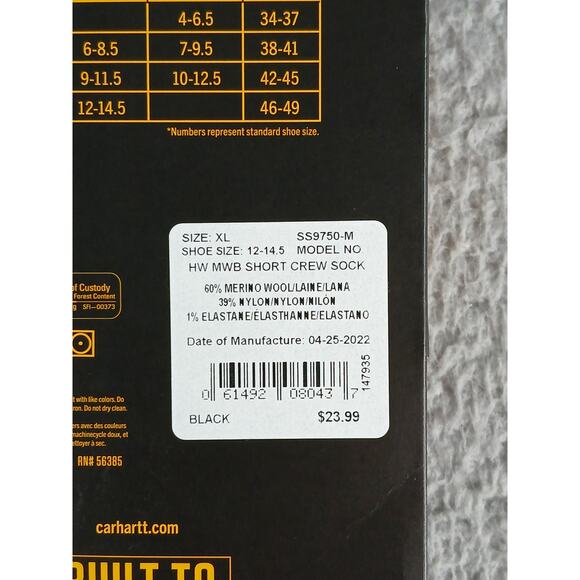 Carhartt Socks 2-PACK Merino Wool Mens XL (12-14.5) Black Short Crew Boots NWT - Picture 3 of 3